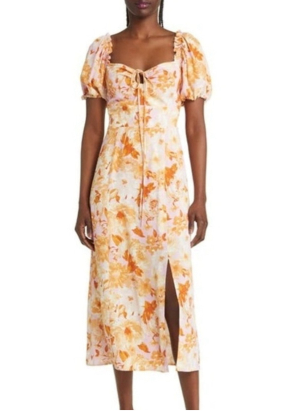 Charles Henry Floral Puff MIDI Dress, Gold Watercolor, Size M NWT